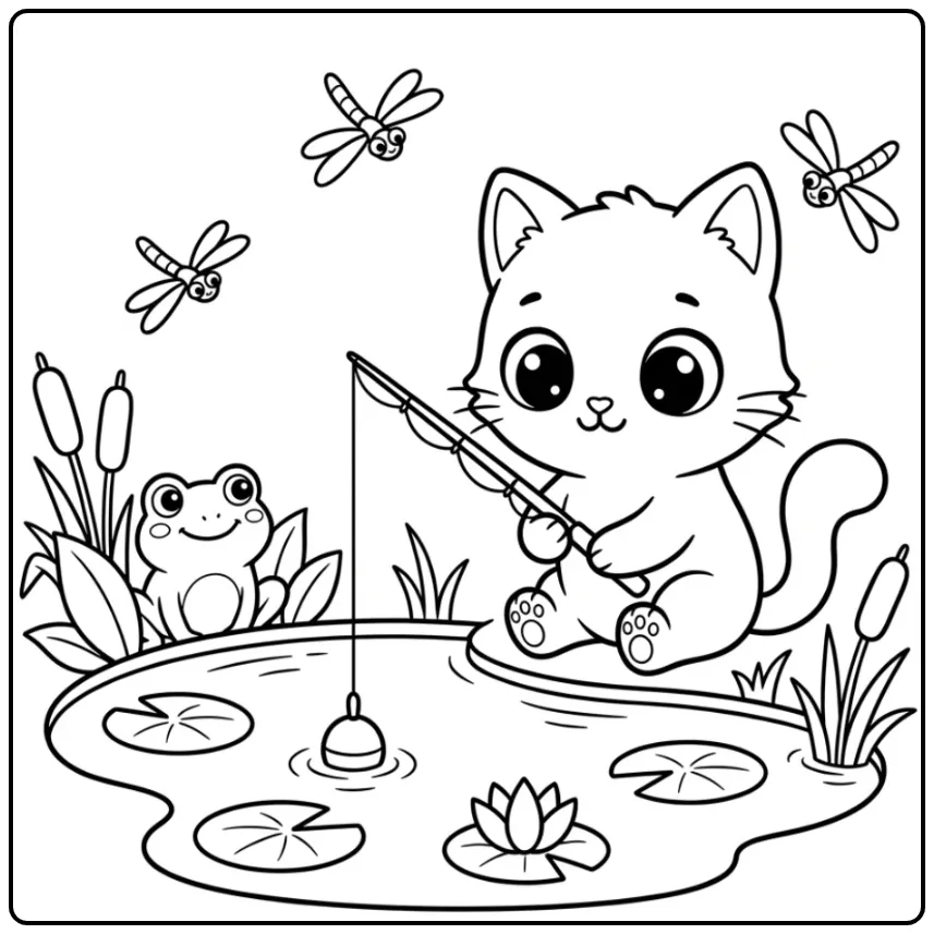 Cute Kawaii Kitten Fishing with a Friendly Frog coloring page