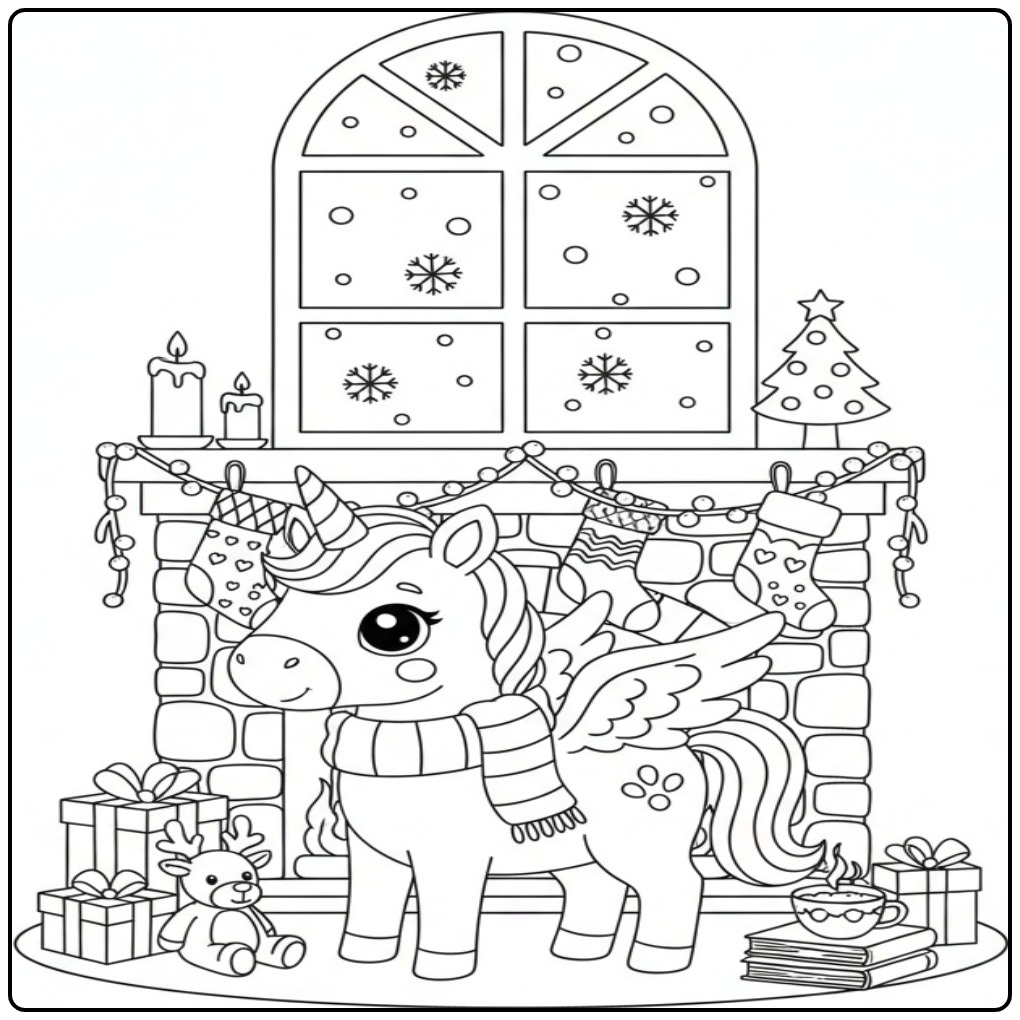 Cute Kerstcoloring Page Unicorn with Wings and Gifts coloring page