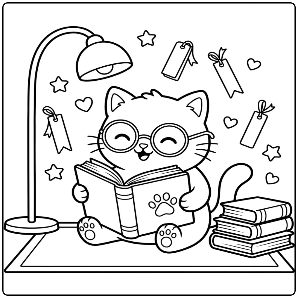 Cute Easy Kitten with Little Books coloring page