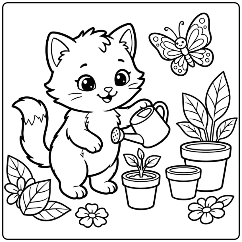 Cute Easy Kitten with a Watering Can coloring page