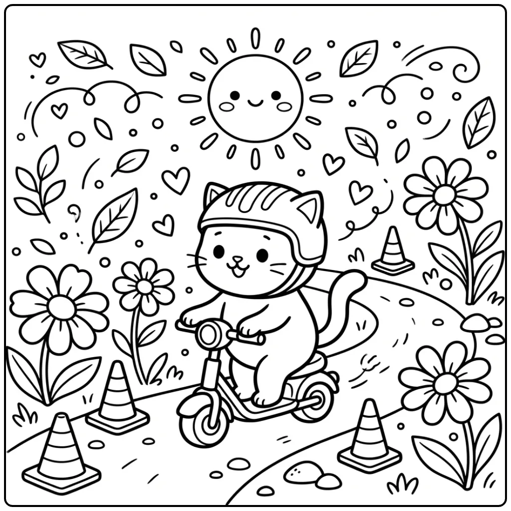 Cute Easy Kitten with Scooter and Flowers coloring page