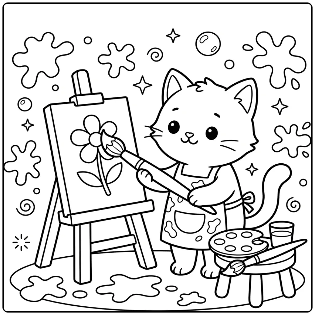 Cute Easy Kitten with Paint coloring page