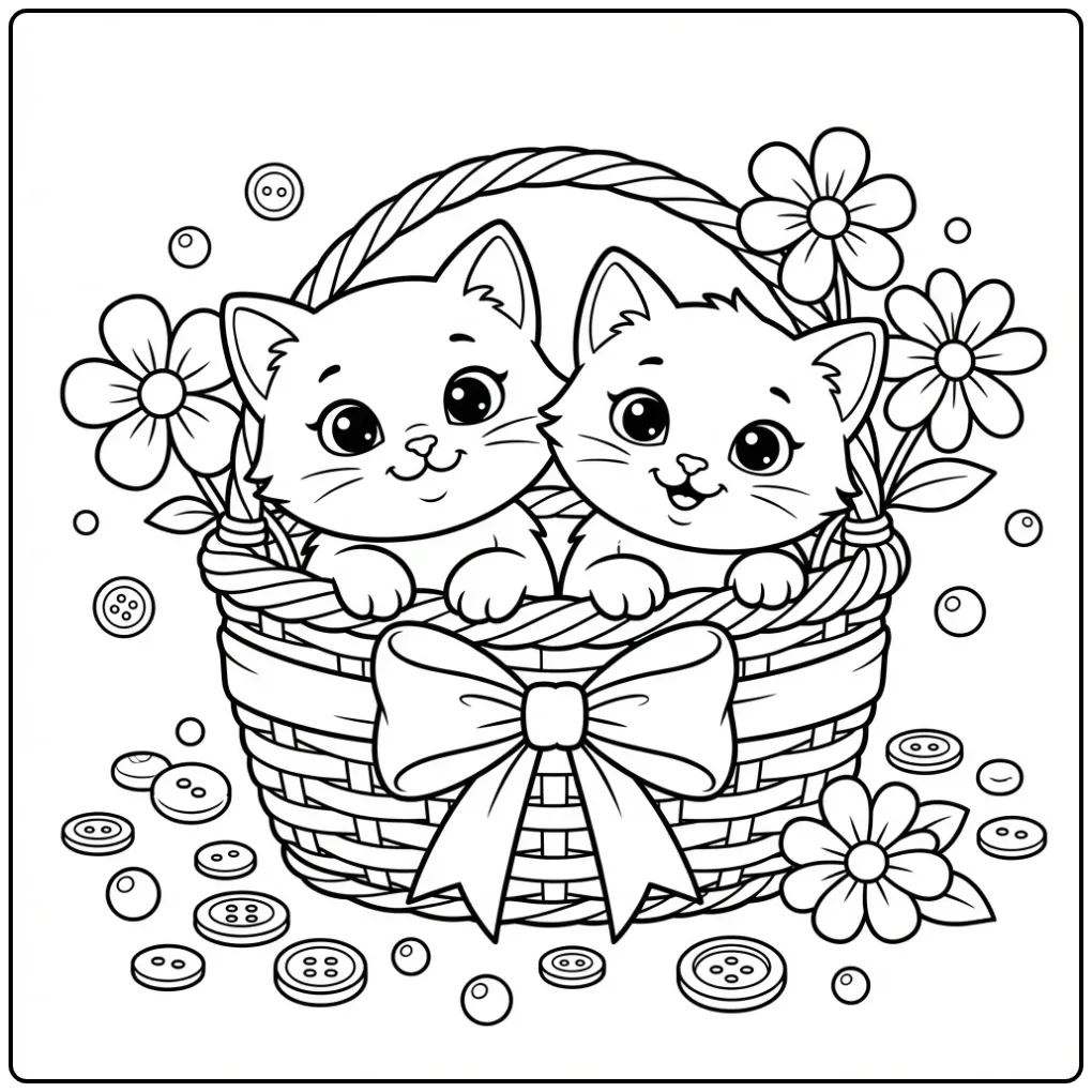 Cute Easy Kittens in a Basket coloring page