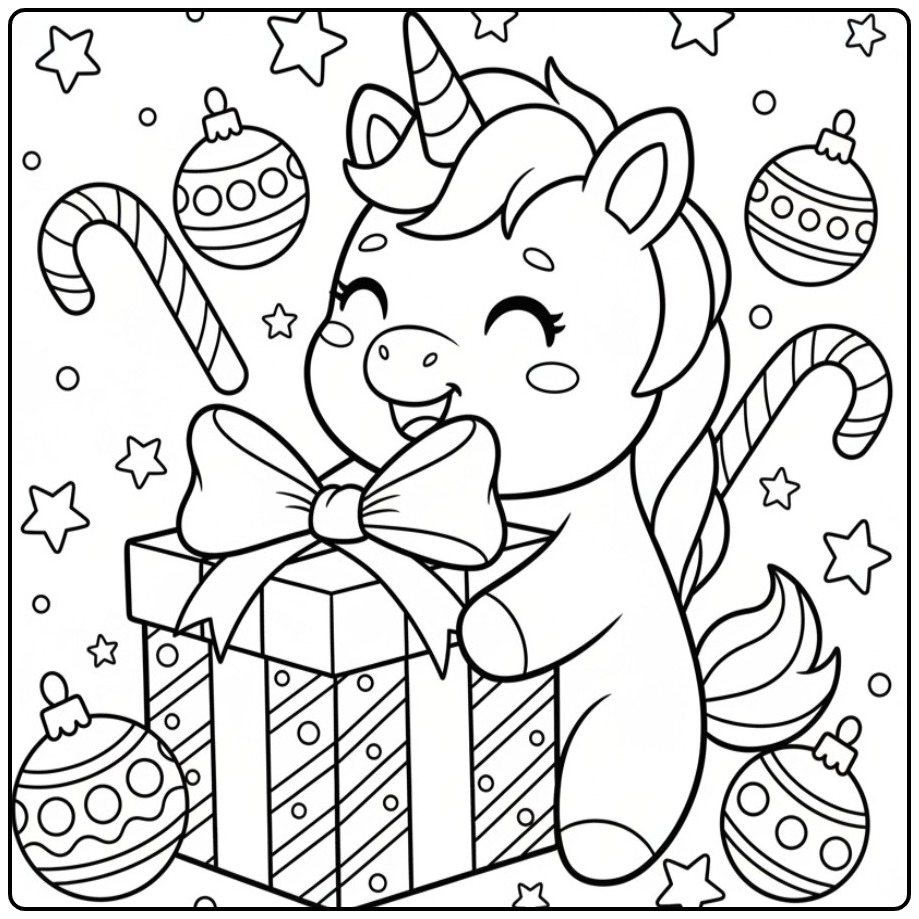 Cute Baby Unicorn and Christmas Decorations coloring page