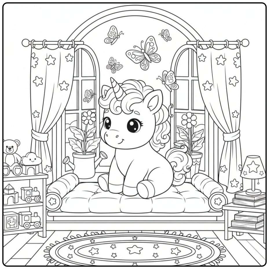 Cute Baby Unicorn with Butterflies in a Room coloring page