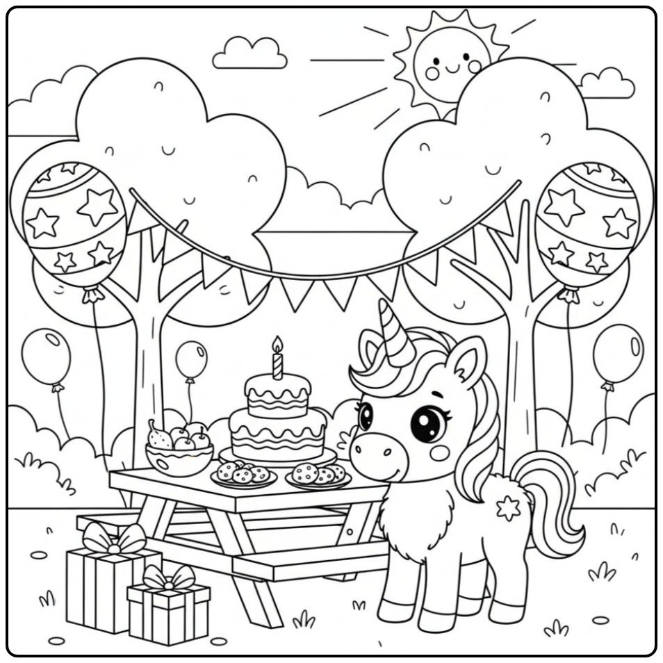 Cute Baby Unicorn on Birthday Party coloring page