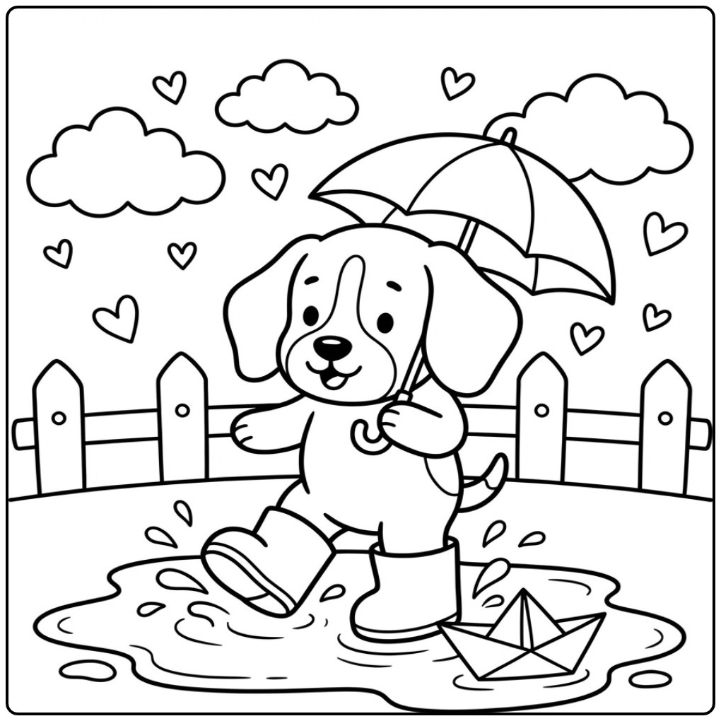 Cute Beagle Fun Heeft in the Puddles coloring page