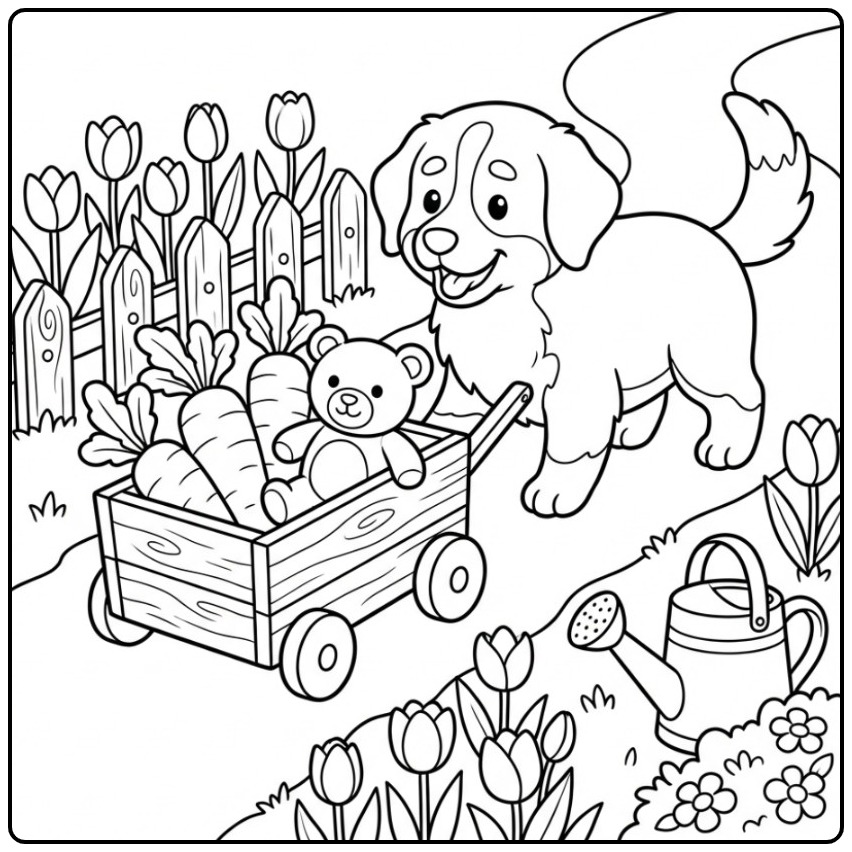 Cute Bernese Mountain Dog in the Flower Garden coloring page