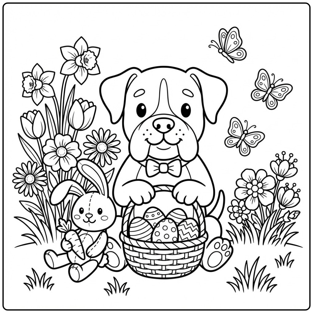 Cute Boxer Dog with a Easter Basket and Rabbit coloring page