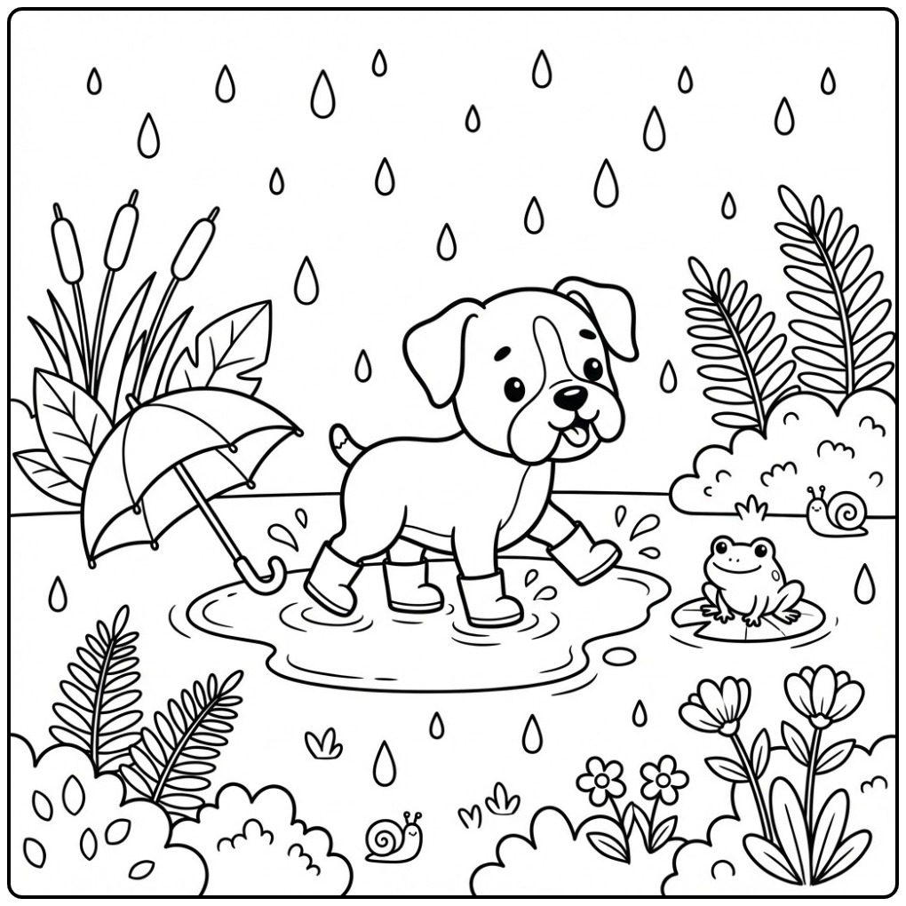 Cute Boxer Dog Jumping in a Rain Puddle coloring page