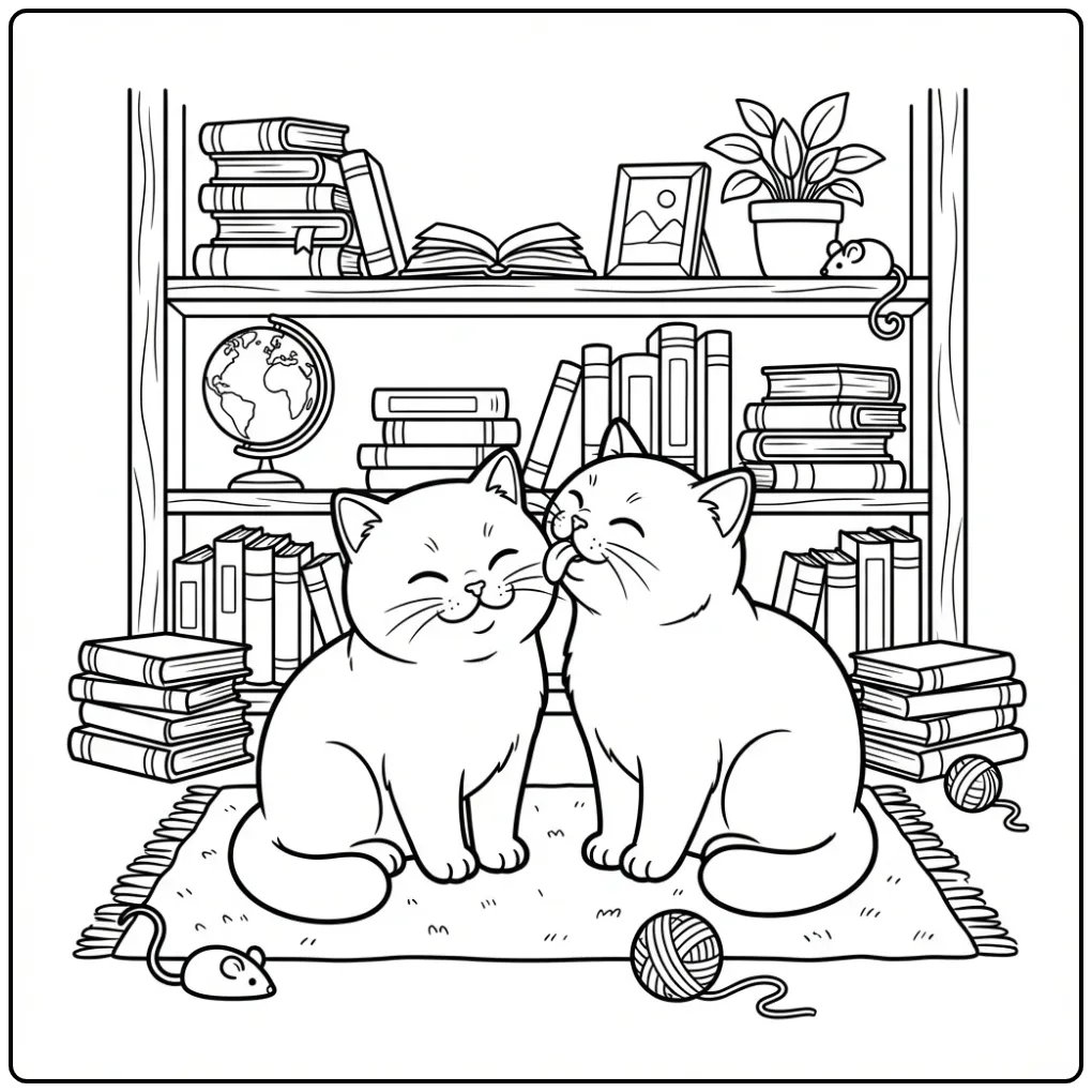 British Shorthair coloring page with two grooming cats
