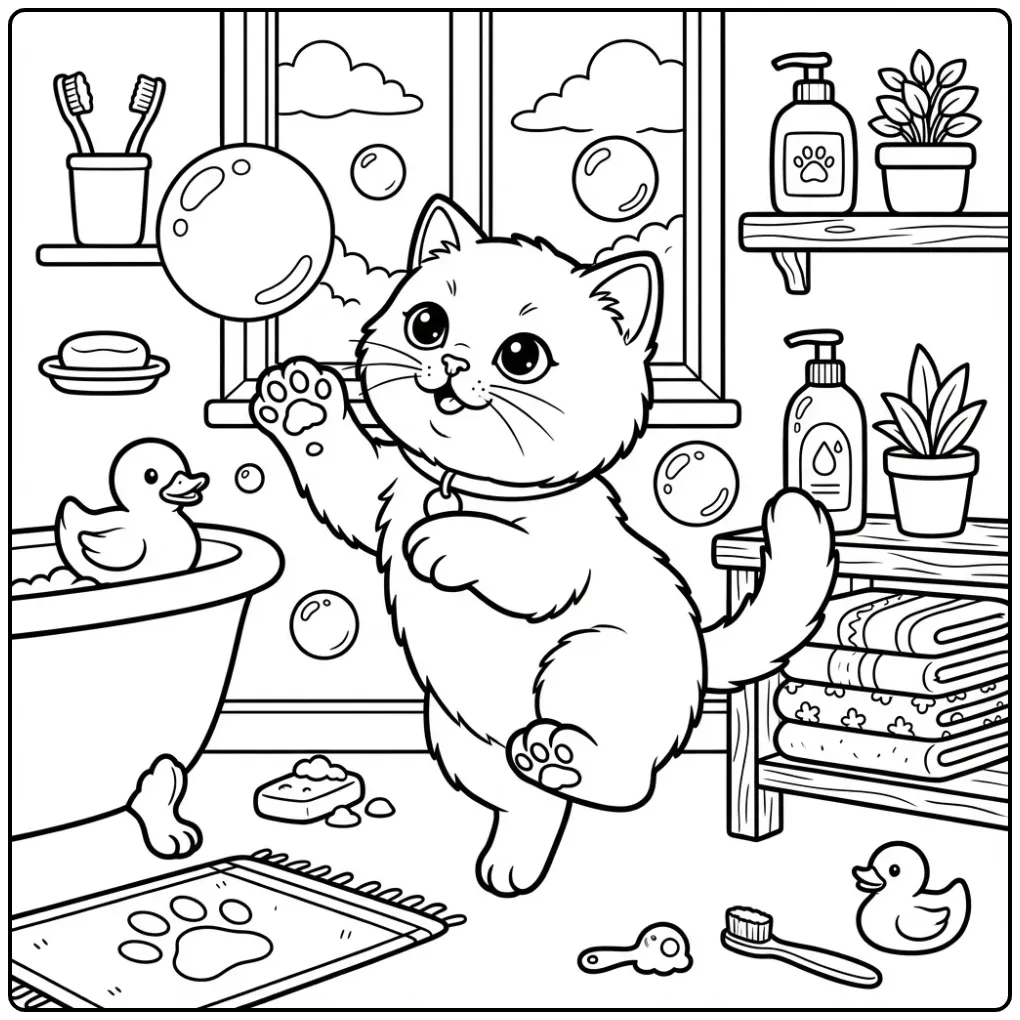 British Shorthair coloring page with kitten and bubbles