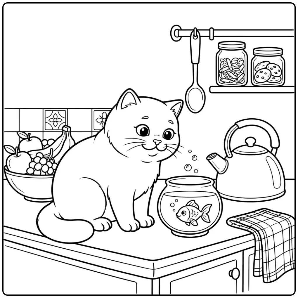 British Shorthair coloring page by a fishbowl