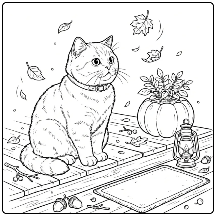 British Shorthair coloring page with pumpkin and leaves
