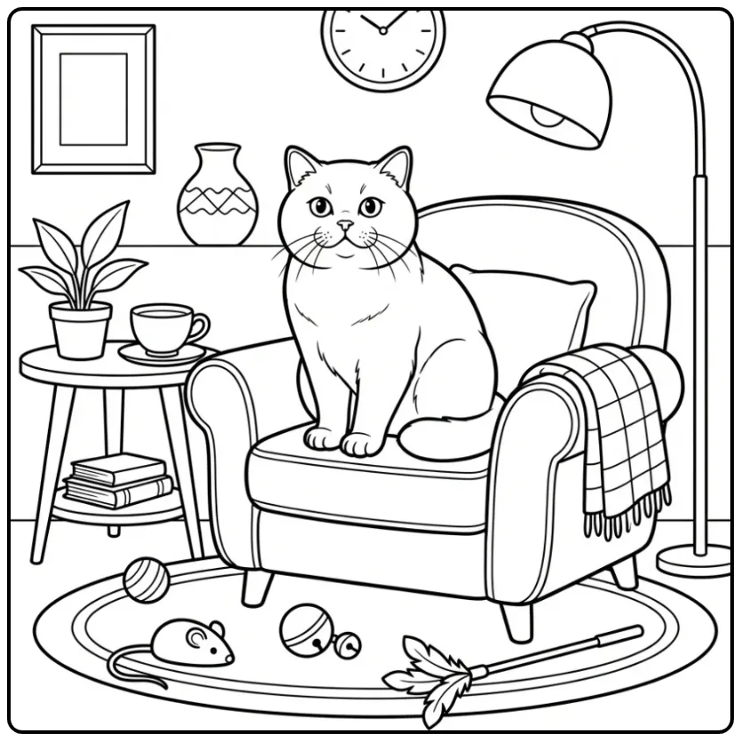 British Shorthair coloring page with toys