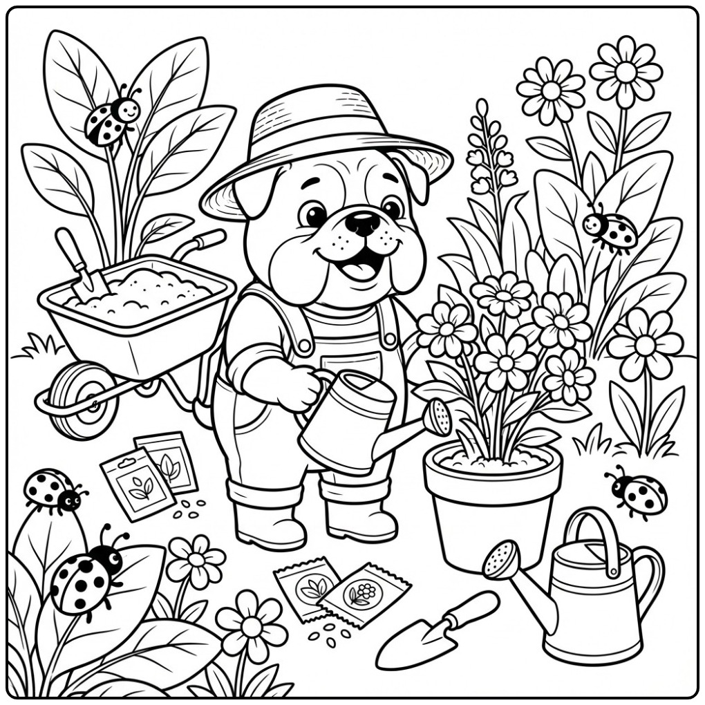 Bulldog Gardener Watering Flowers coloring page