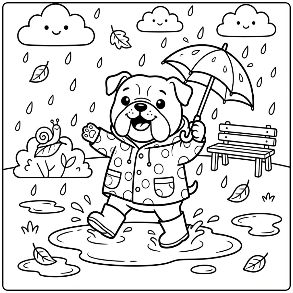 Bulldog in a Raincoat Jumping in Puddles coloring page
