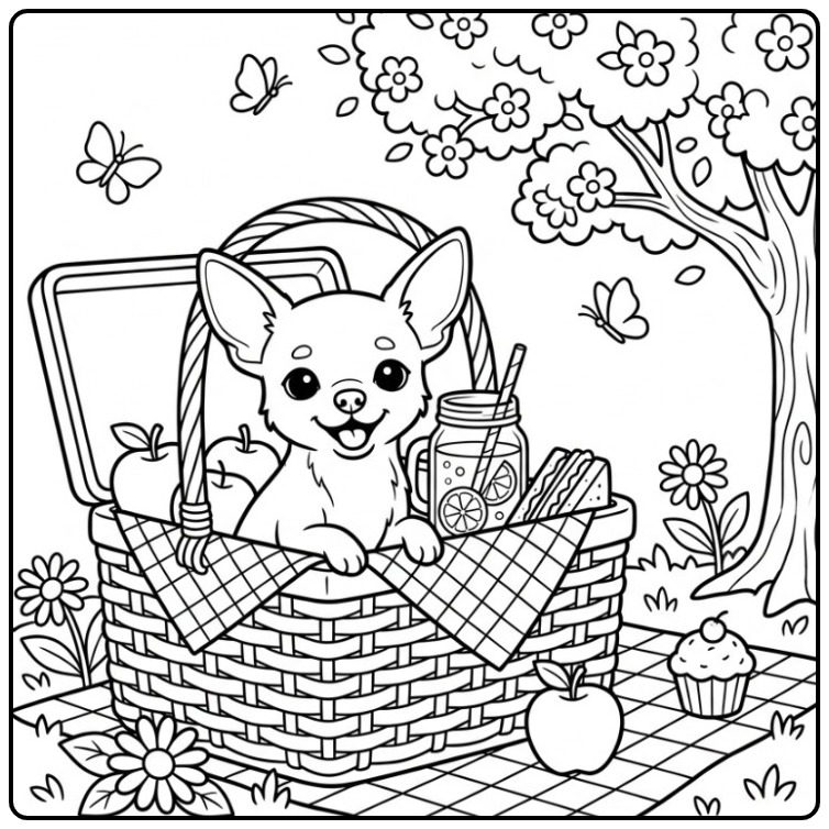 Cute Chihuahua Enjoying a Picnic coloring page