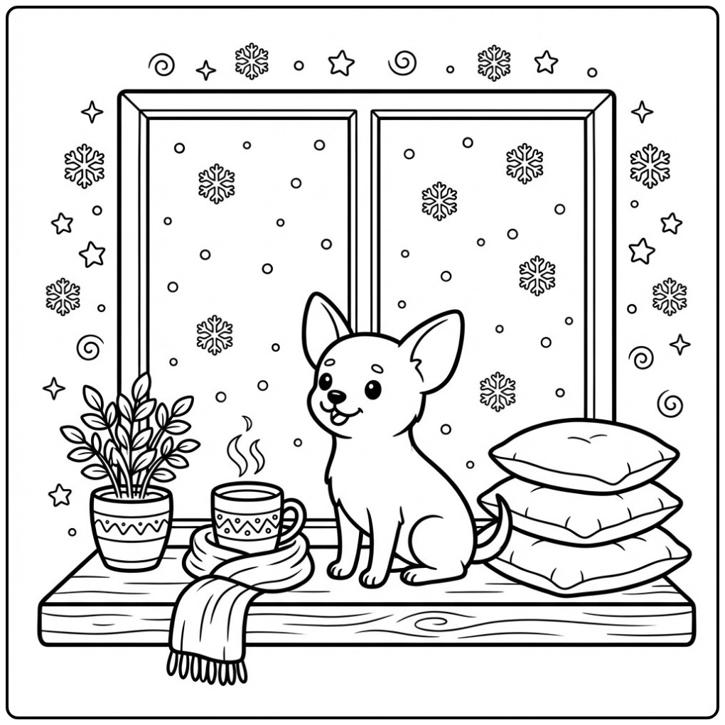 Cute Chihuahua with Warm Choco and Snow coloring page