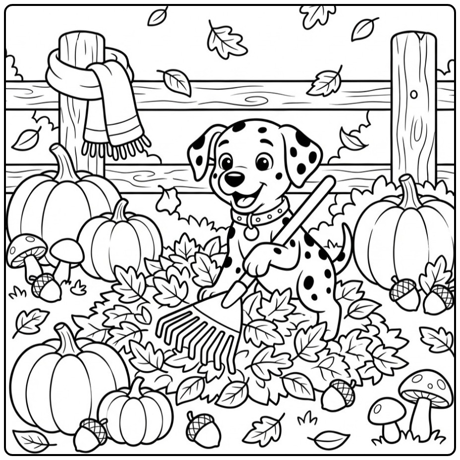 Cute Dalmatian Playing in the Autumn Leaves coloring page