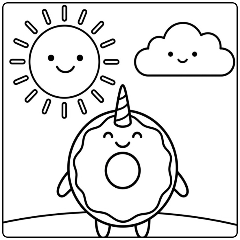 Cute Donut Unicorn in a Sunny Landscape coloring page