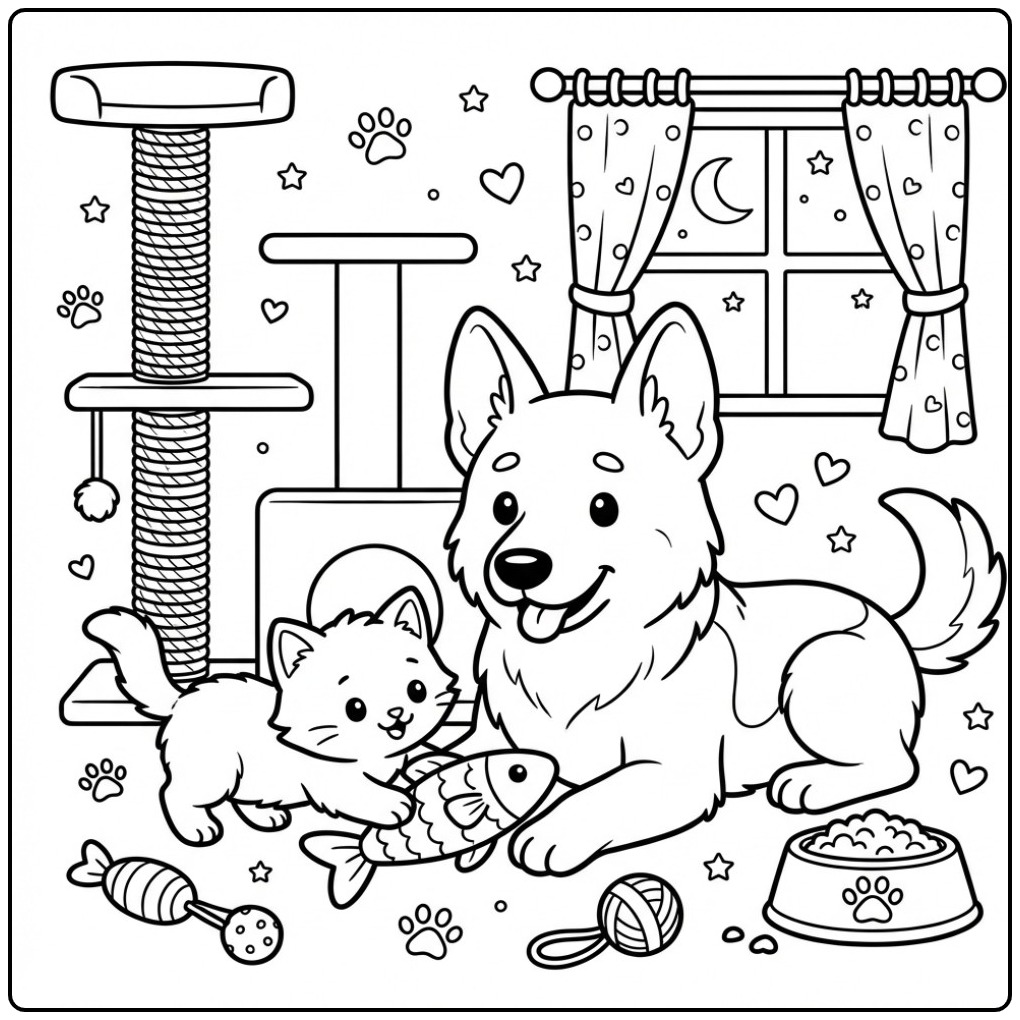 Cute German Shepherd and a Sweet Kitten coloring page