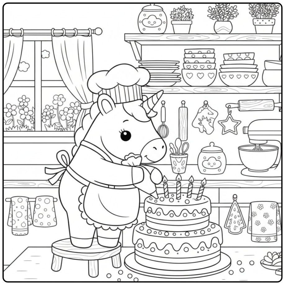 Cute Unicorn with Birthday Cake coloring page