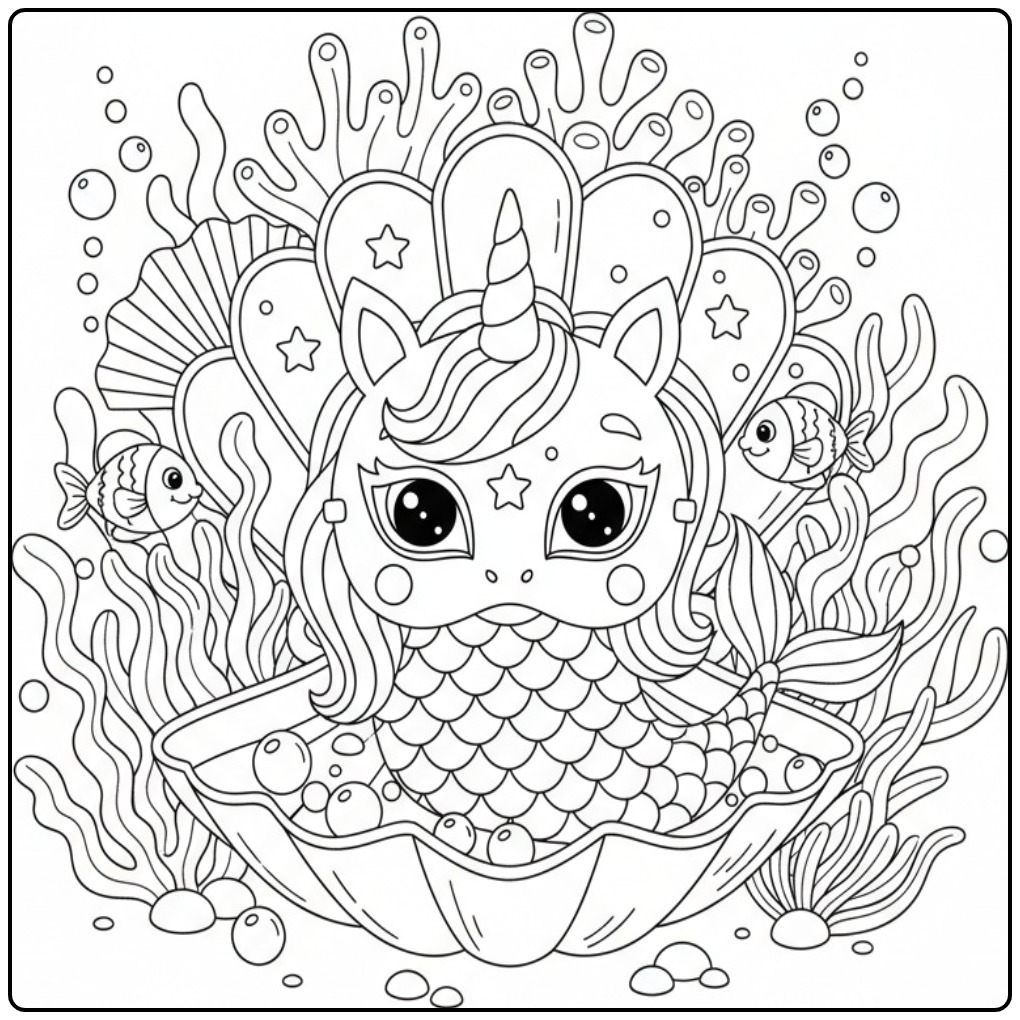 Cute Unicorn Mermaid Mask in Big Shell coloring page