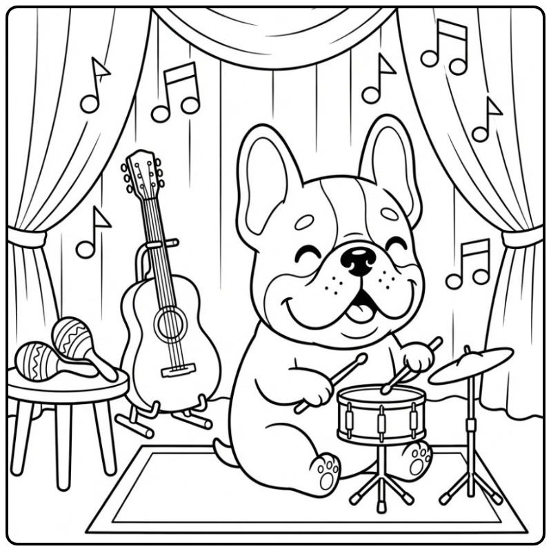 Cute French Bulldog as Drummer in a Band coloring page