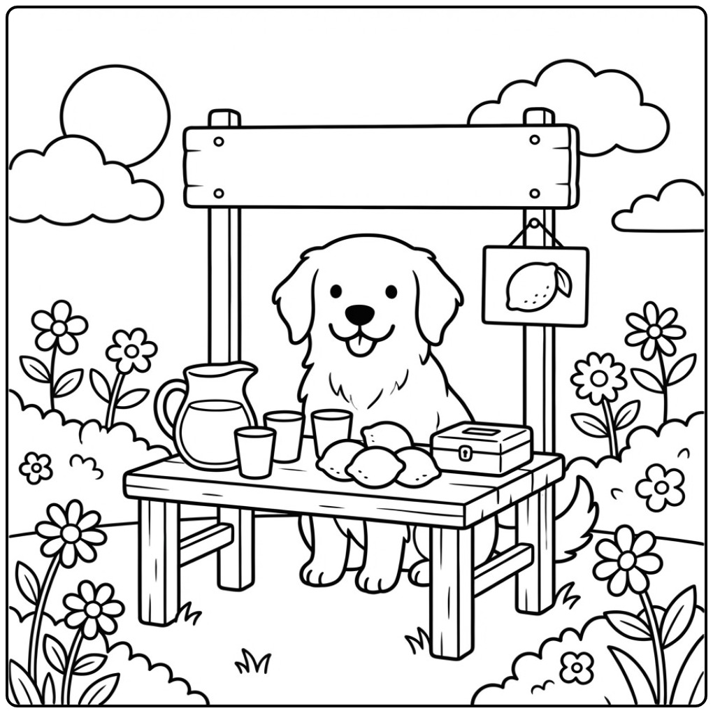 Cute Golden Retriever and a Lemonade Stand coloring page