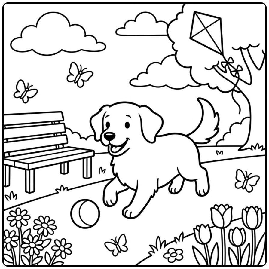 Cute Golden Retriever in a Sunny Park coloring page