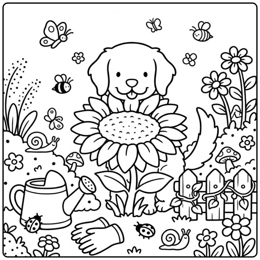 Cute Golden Retriever with a Big Sunflower coloring page
