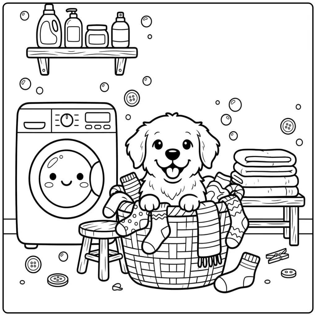 Cute Golden Retriever Puppy and the Laundry coloring page