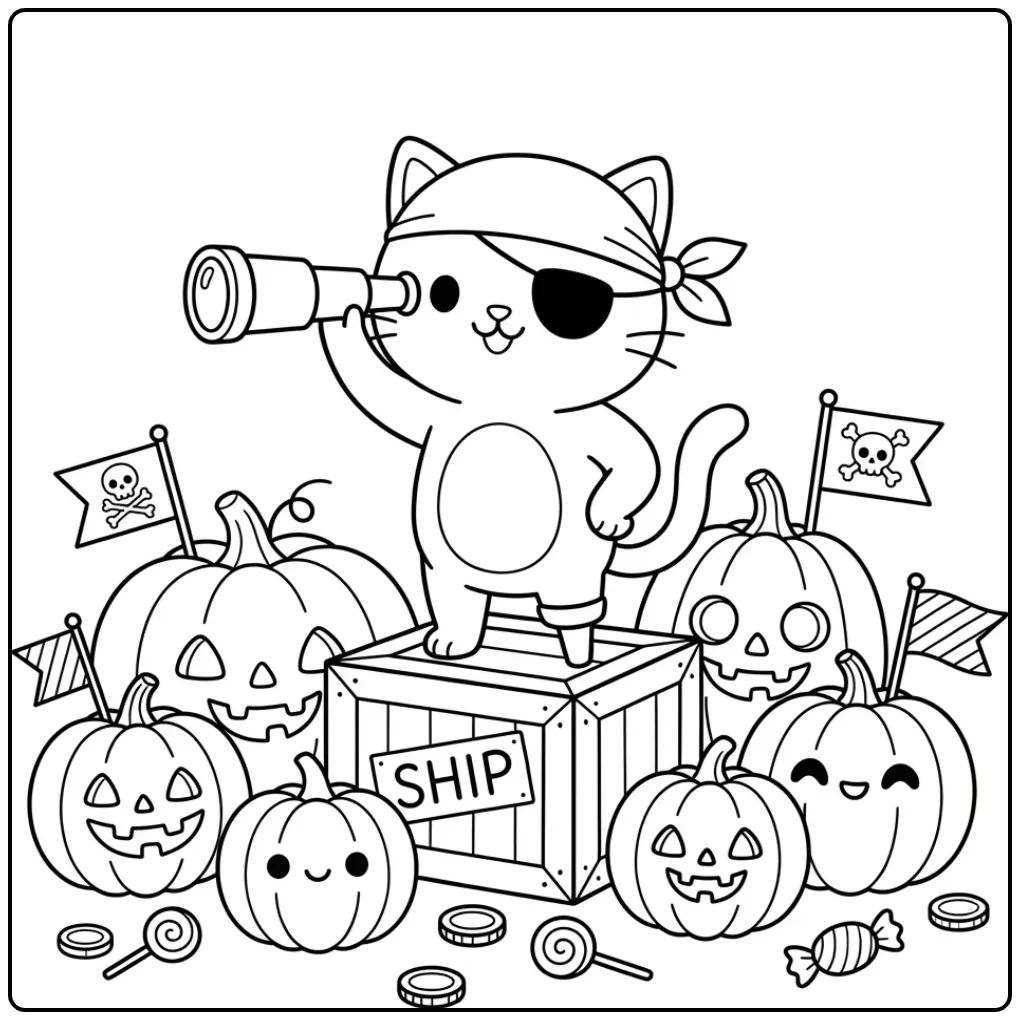 Halloween Cat coloring page pirate with pumpkins and candy