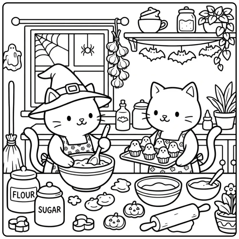 Halloween Cat coloring page baking spooky cupcakes