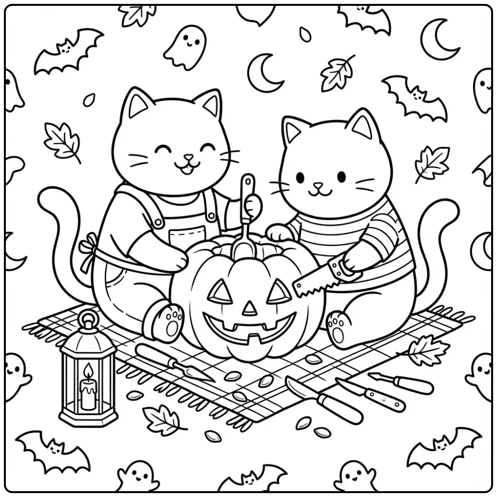 Halloween Cat coloring page with a friend carving a pumpkin