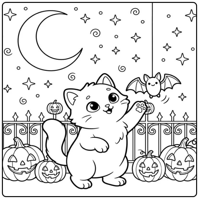 Halloween Cat coloring page under the moon with stars