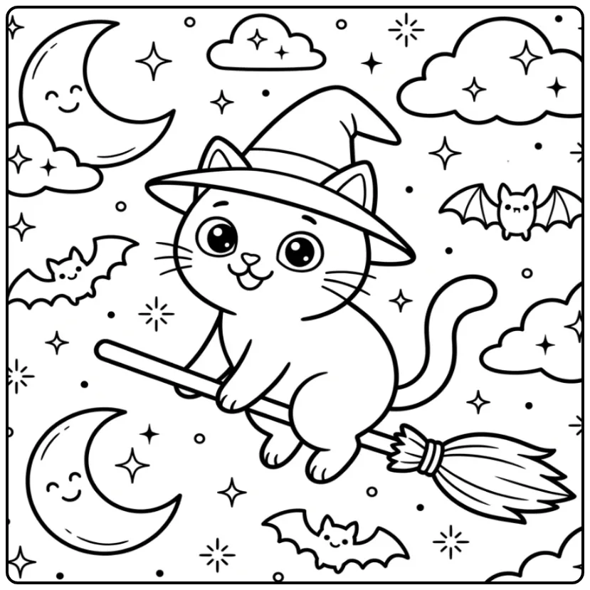 Halloween Cat coloring page flying among stars and moon