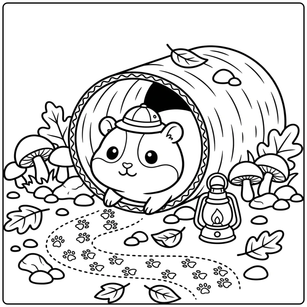 Hamster coloring page with a hat in a tunnel