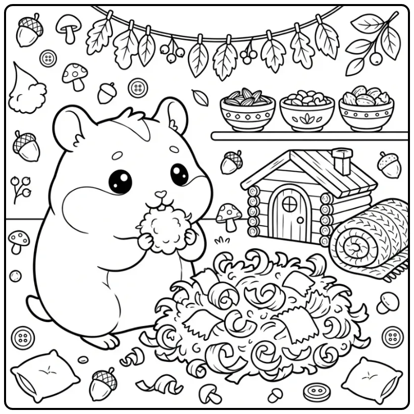 Hamster coloring page building a soft nest