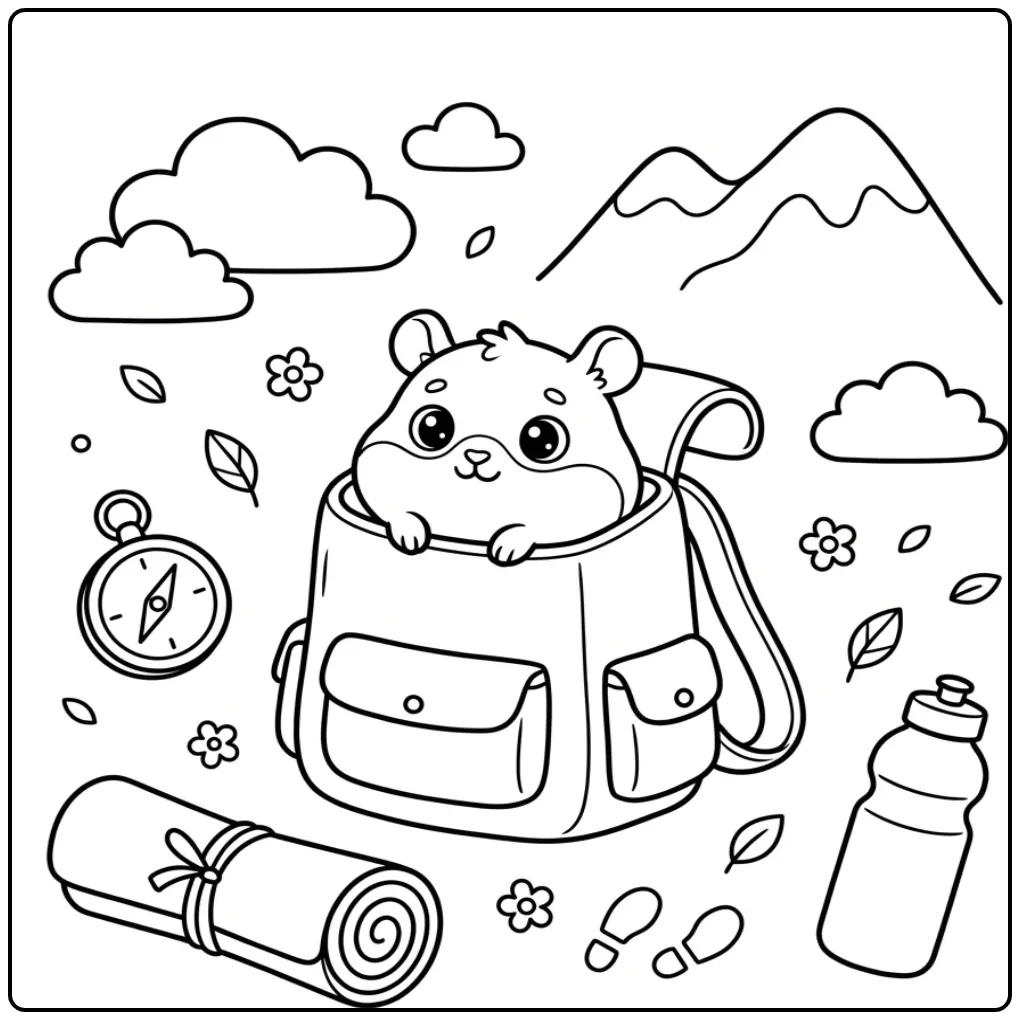 Hamster coloring page with hiking gear