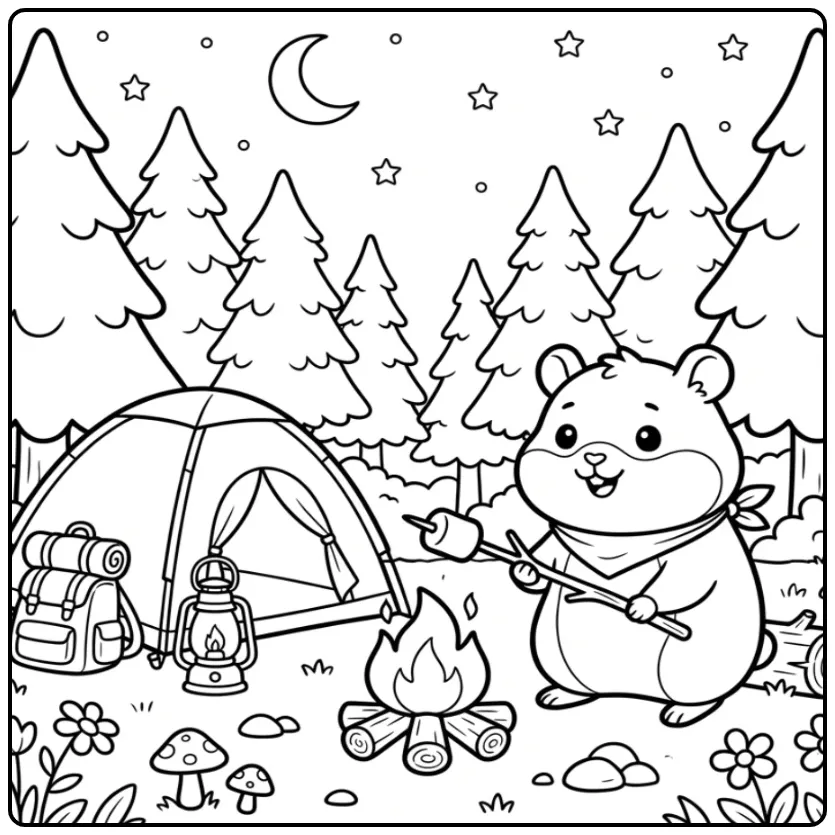 Hamster coloring page roasting a marshmallow by a tent