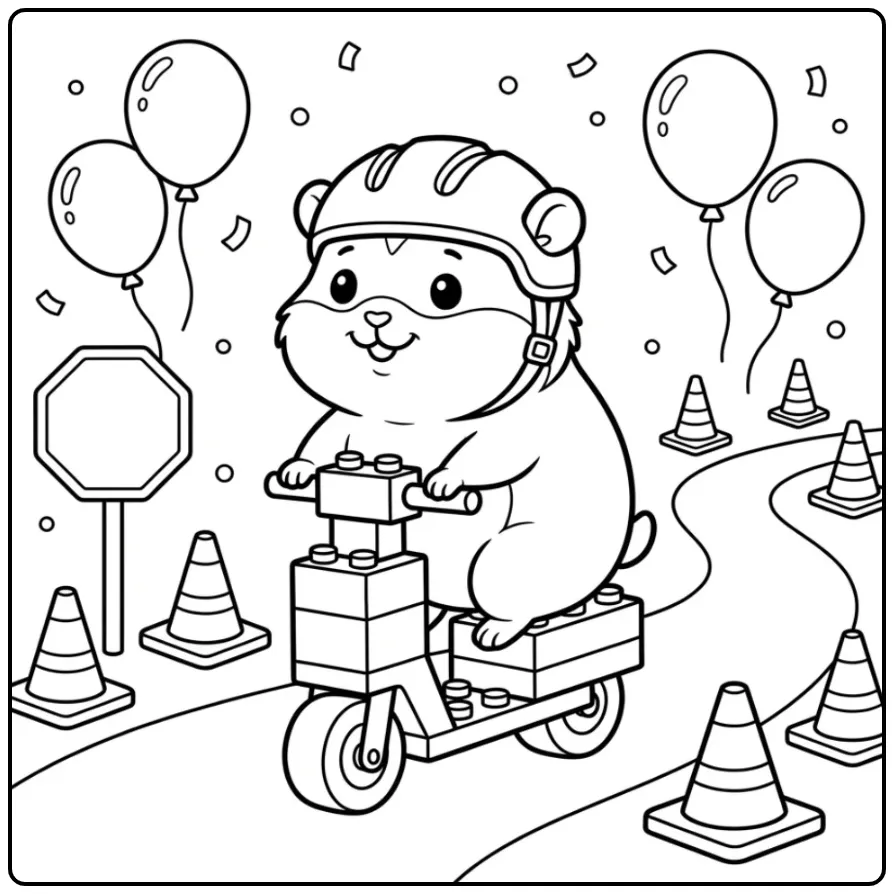 Hamster coloring page on a scooter with balloons