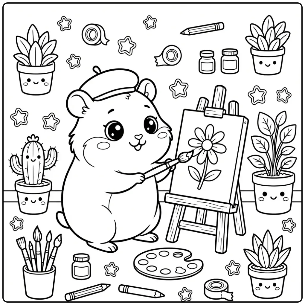 Hamster coloring page painting at an easel