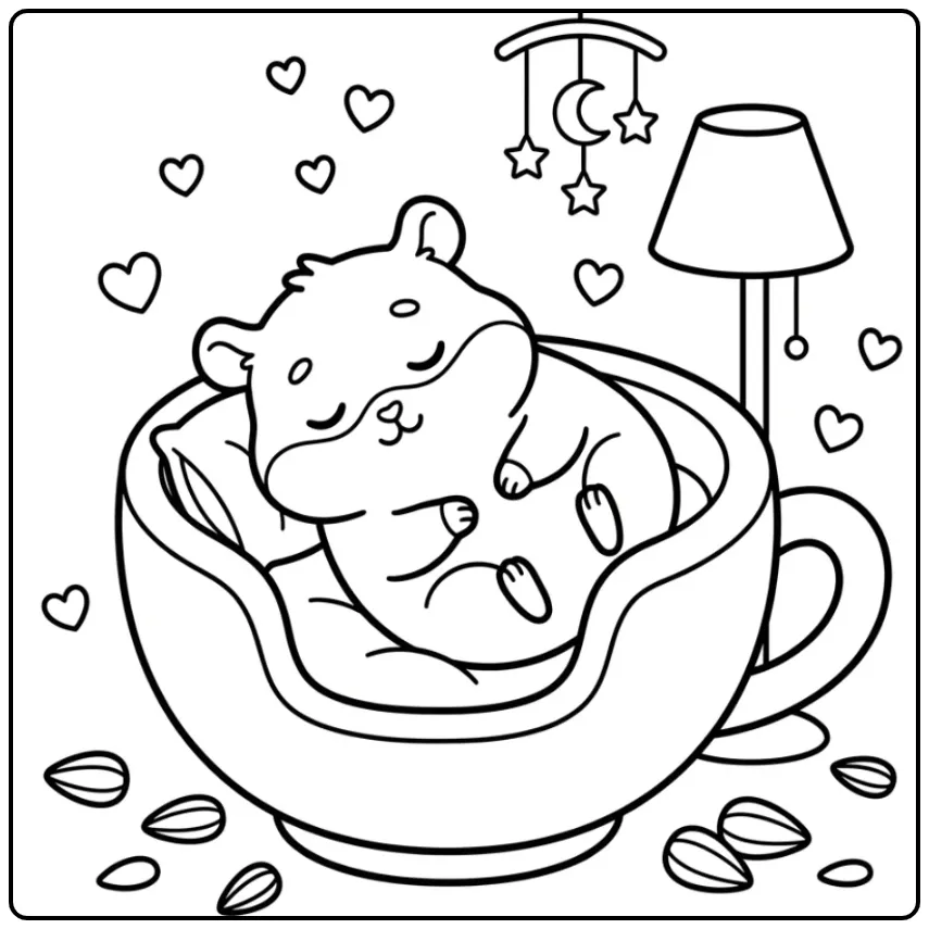 Hamster coloring page curled in a teacup bed