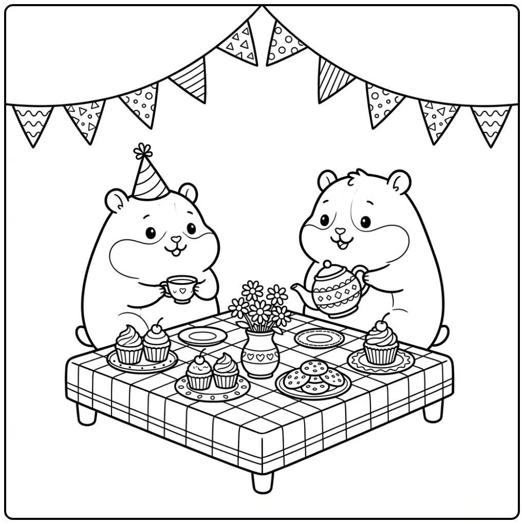 Hamster coloring page with teapot and treats