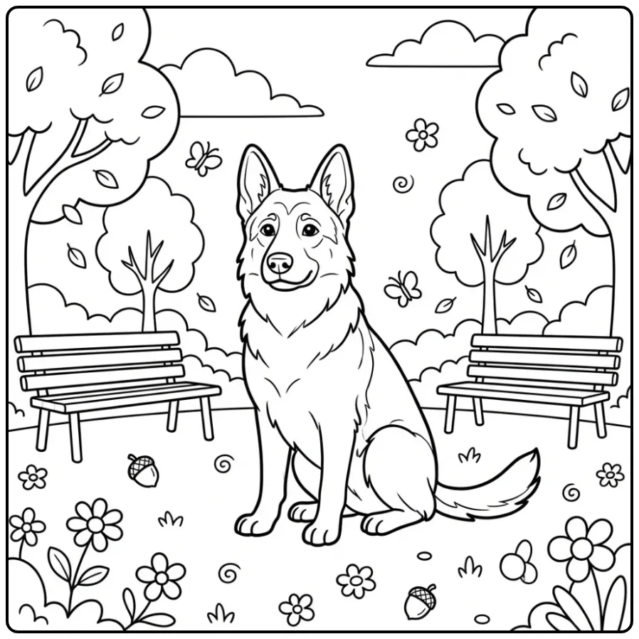 Cute German Shepherd with Park Benches coloring page