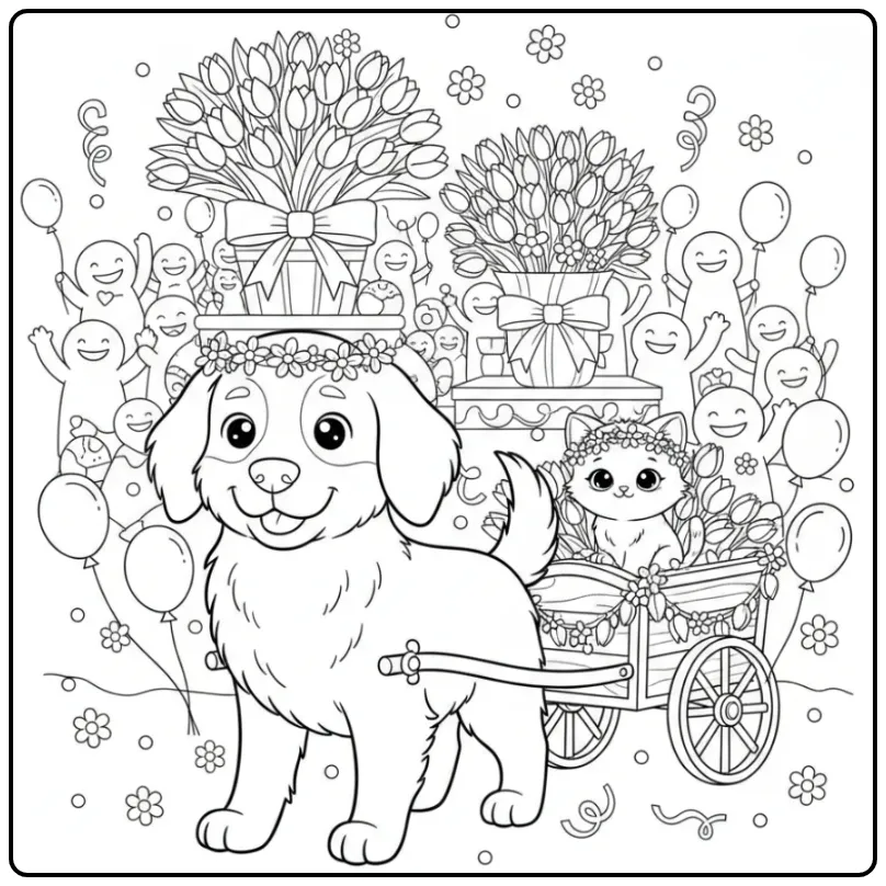 Stabyhoun and Kitten Riding in a Flower Parade Wagon coloring page