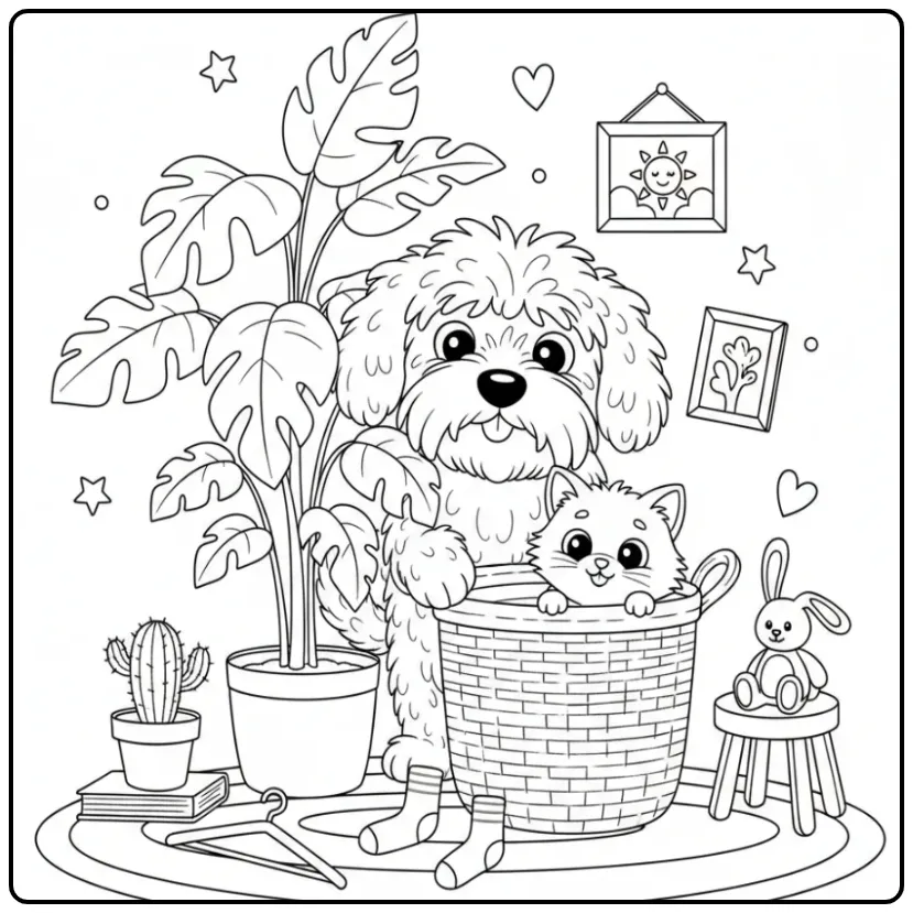 Schapendoes and Kitten Playing Hide and Seek coloring page