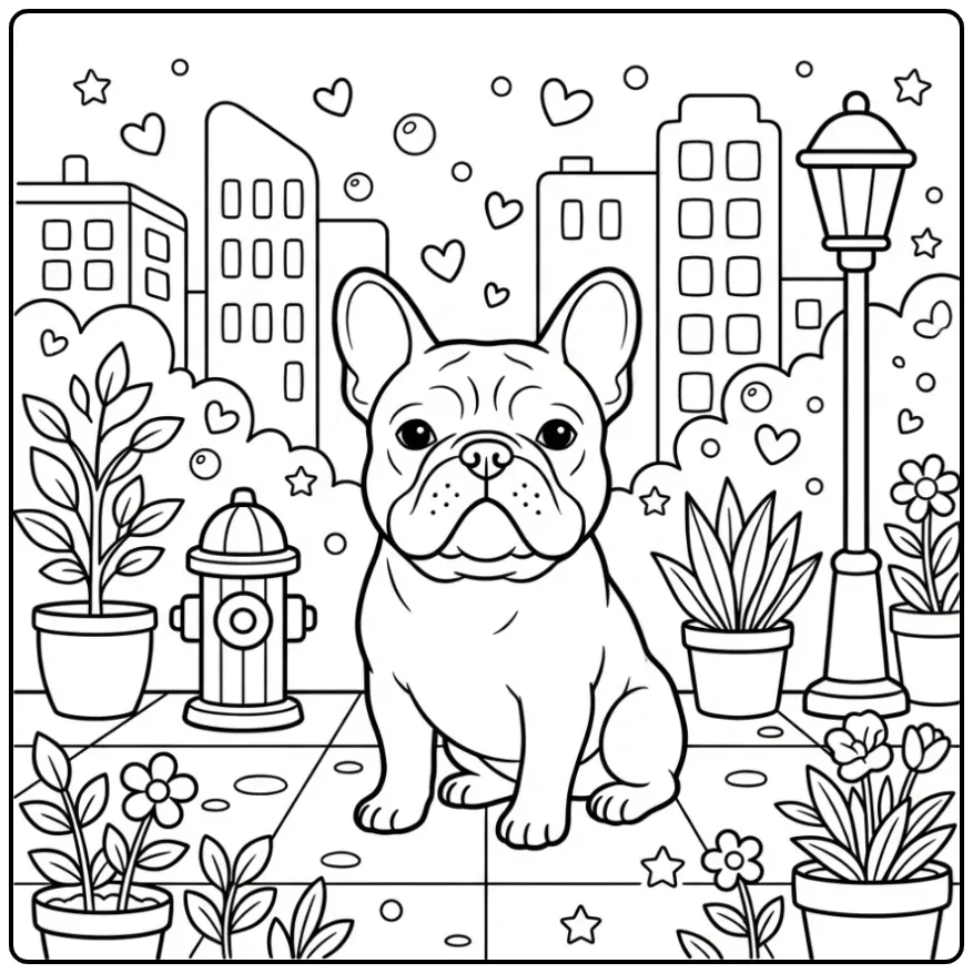 Cute French Bulldog in the City coloring page